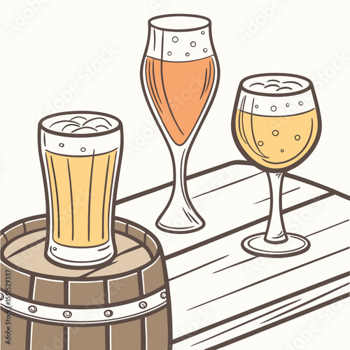 Vector art of three glasses of beer on a wooden barrel and table, showcasing different types of beer and glassware