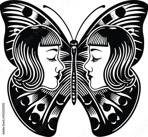 Elegant Butterfly Wings Design Featuring Two Women's Faces a Striking Black and White Graphic Art Print Ideal for Tattoo Inspiration or Fashion Design