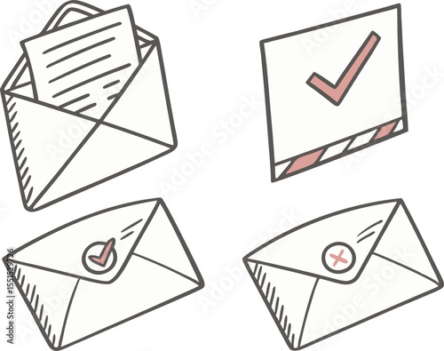 Vector art of collection of handdrawn envelopes and letters with checkmarks and crosses, isolated on white background
