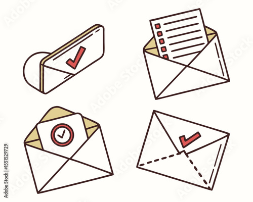 Vector art of collection of four stylized envelopes with checkmarks and documents, symbolizing communication and confirmation