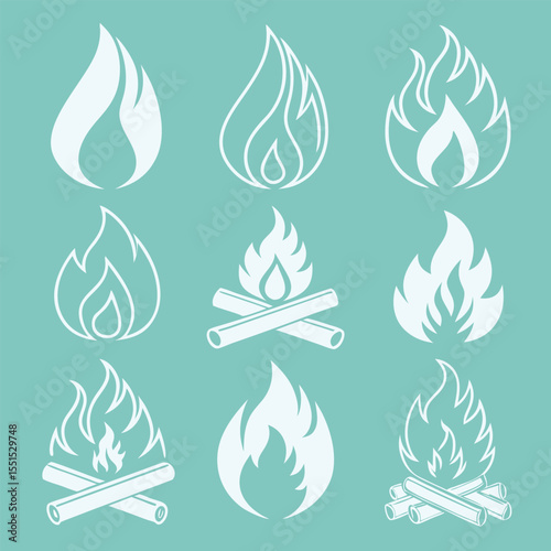 Vector art of collection of stylized fire and flame icons, representing heat, energy, and warmth in various forms