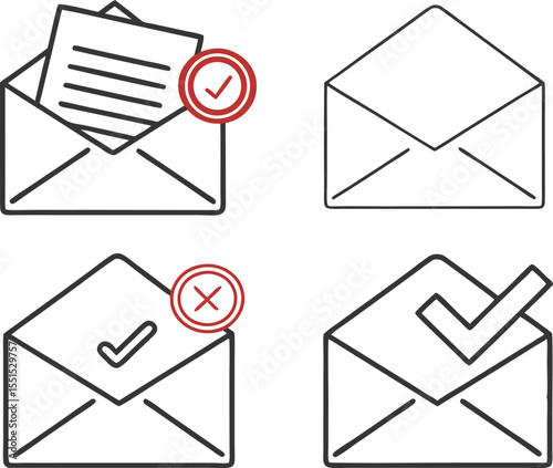 Vector art of set of four line art icons representing email or mail envelopes with different status symbols like checkmarks and crosses, isolated on white background