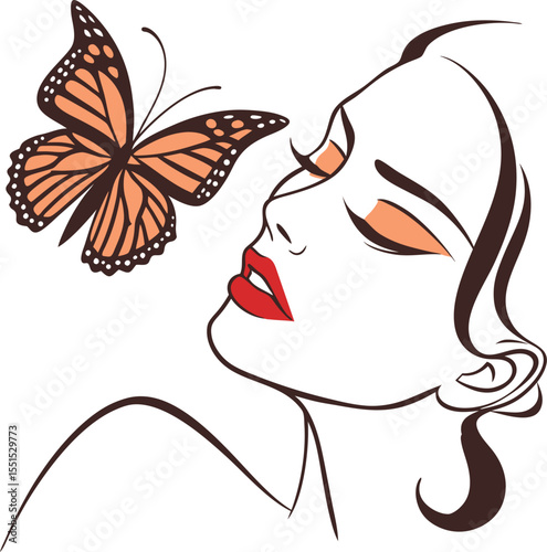 Elegant Woman's Profile with a Monarch Butterfly A serene illustration featuring a stylized female face and a delicate monarch butterfly for beauty and nature themes.
