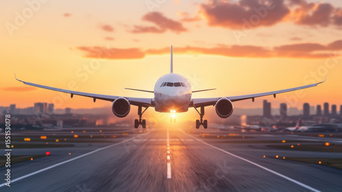 A white airplane is flying over a city at sunset