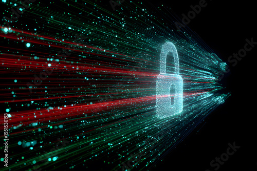 Shining 3D padlock icon in a dark digital environment symbolizes cybersecurity.