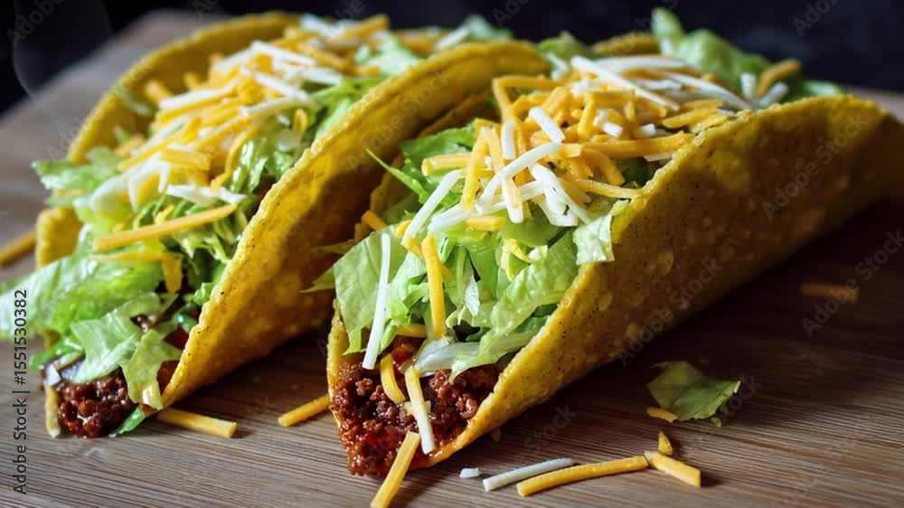 Close up of three hard shell tacos filled with lettuce meat and cheese on wooden surface view