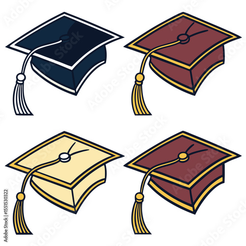 Vector art of four graduation caps in different colors, including black, maroon, and gold, isolated on a white background