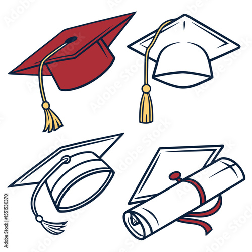 Vector art of collection of graduation caps and diplomas, symbolizing academic achievement and educational success, isolated on white background