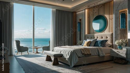 Modern luxurious hotel room overlooking inspiring ocean view photo