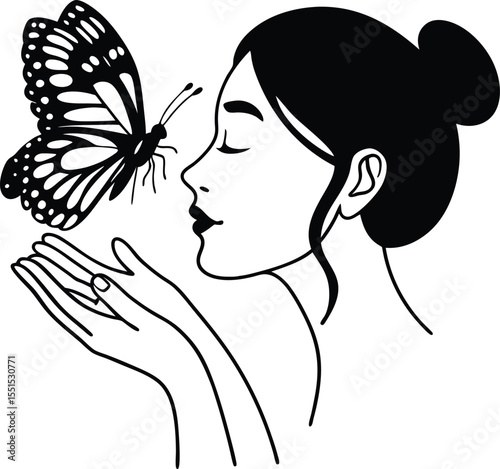 Elegant Woman Gently Approaching a Monarch Butterfly Design, Representing Nature Beauty and Graceful Feminine Art
