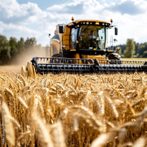 Agricultural machinery harvesting wheat