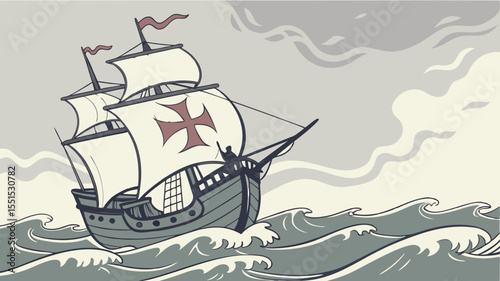 Voyage on the Horizon: An artistic illustration of a sailing vessel navigates the turbulent waters.