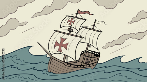 Voyage of Exploration: A stylized illustration depicts a vintage sailing ship navigating turbulent waters under a dramatic sky, evoking a sense of historical discovery.