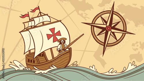 The Explorer's Journey: A vintage illustration depicts a sailing ship navigating turbulent waters, guided by a compass, symbolizing exploration, discovery, and the pursuit of knowledge.