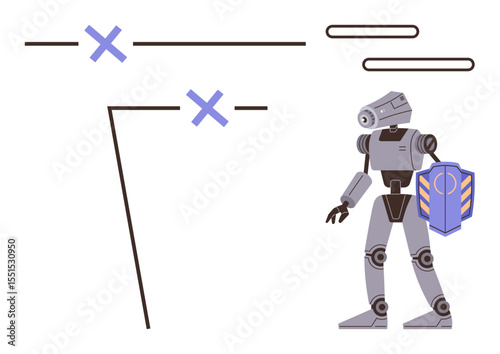 Robot equipped with a shield, signifying security, defense, and futuristic technology. Abstract lines suggest systems or data flow. Ideal for AI systems, cybersecurity, automation, innovation