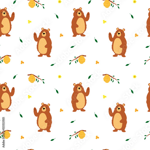 Seamless pattern with bear waving his paw, beehive with honey on a branch, flying leaves down and flowers hand-drawn with trendy textures. Image for printing on wrapping paper and canvas, for kids