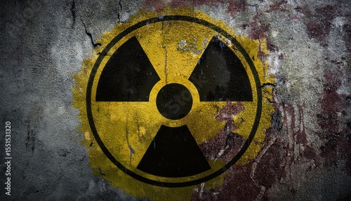 grunge textured wall with decayed radioactive hazard symbol in yellow and black for dystopian design, environmental poster, or nuclear themed branding concept


