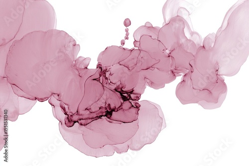 Abstract ink blots in muted rose and mauve hues, creating flowing shapes and textures on a white background.  Delicate, swirling patterns