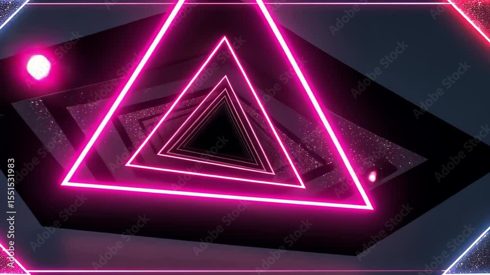 Abstract dark tunnel with glowing pink neon triangles. Future metaverse technology, virtual reality and digital world concept footage.