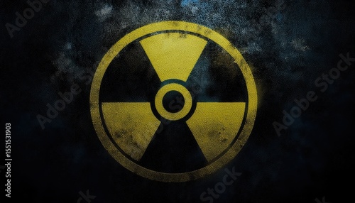 grunge style radioactive danger symbol with weathered yellow black texture on dark cracked metal background for use in hazard design, military poster, or cyberpunk branding

