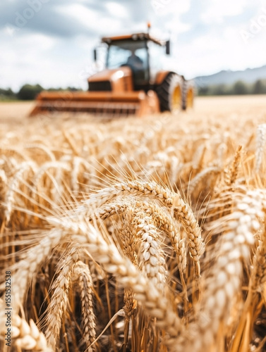 Agricultural machinery harvesting wheat