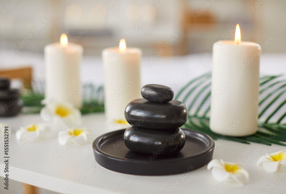 Cosmetology spa salon room desk with massage hot stones, aromatherapy candles, welcoming atmosphere for female clients, medical care, offering health, asian flower beauty, aromatherapy therapist Cosmetology spa salon room desk with massage hot stones, aromatherapy candles, welcoming atmosphere for female clients, medical care, offering health, asian flower beauty, aromatherapy therapist