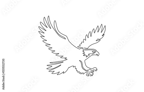 Bird of prey flying in continuous line art drawing style. Eagle in flight black linear design, Flying eagle simple line art illustration. Continuous one line draw.