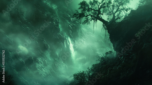 A breathtaking vista unfolds as ethereal mists and wisps of fog dance beneath a resplendent emerald canopy. generative ai