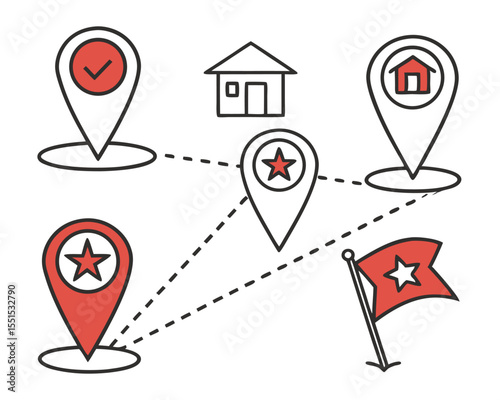 Location Pin, House, Flag, and Star Icons Set