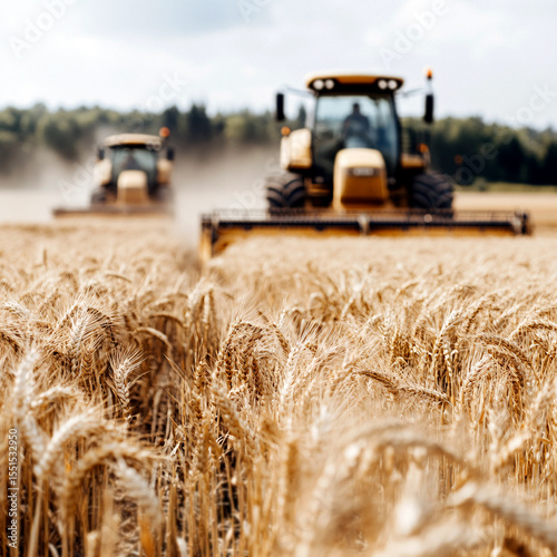 Agricultural machinery harvesting wheat