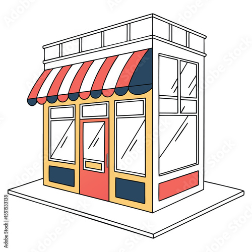 A charming colorful cartoon illustration of a storefront with a striped awning large windows and a red door set against a clean white background