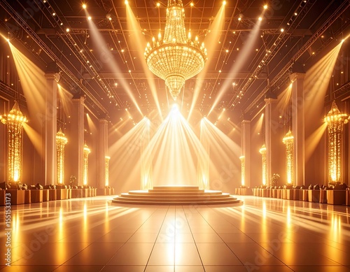 Luxurious Ballroom Stage with Golden Lighting, Event, and Ceremony.