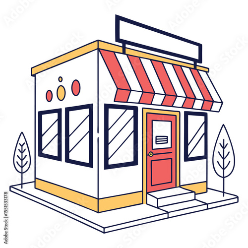 Charming isometric illustration of a small retail shop with a red door striped awning and decorative trees on a white background