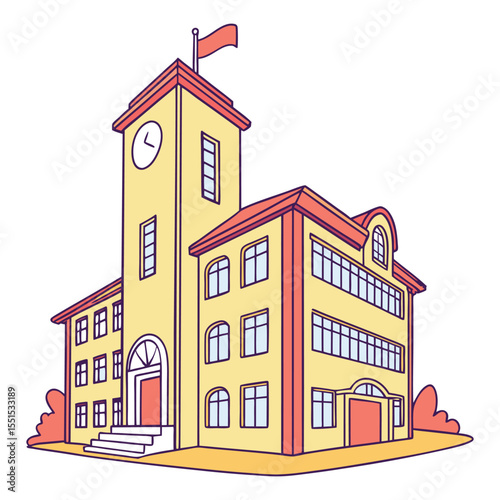 Charming cartoon illustration of a classic school building with a prominent clock tower and a red flag flying high