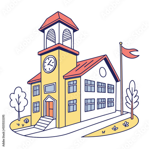 Charming illustration of a school building with a clock tower and a flag on a sunny day surrounded by trees and grass