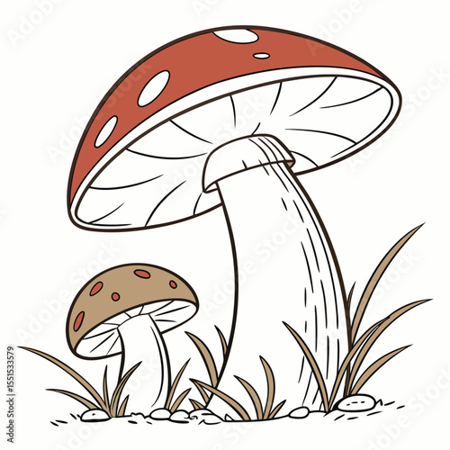 Red Mushroom Illustration with Leaves and Grass