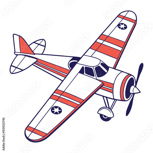 Stylized vintage biplane aircraft with red and blue accents and star insignia on wings isolated on white background