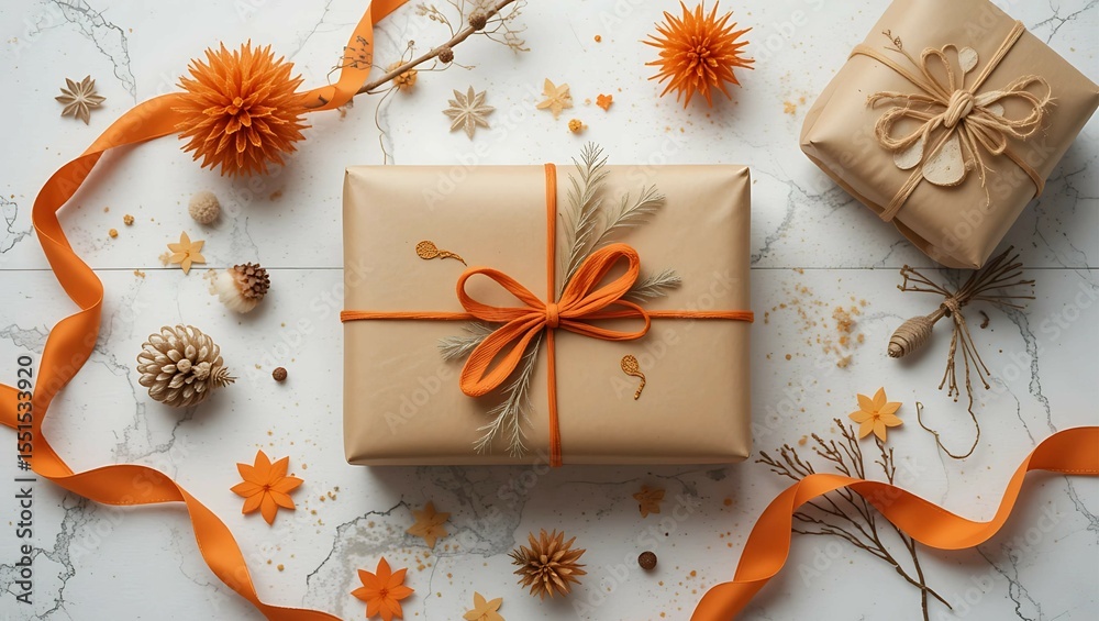 Fototapeta premium Eco-Friendly Gift Wrapping with Kraft Paper, Orange Ribbon, and Natural Autumn Decor – Flat Lay on Marble Background