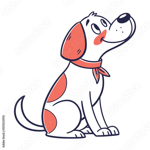 Cute cartoon dog with coral spots and a bandana sitting and looking up with a happy expression