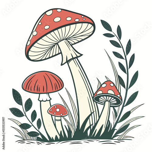 Red Mushroom Illustration with Leaves and Grass