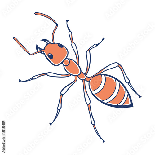 Stylized cartoon illustration of a single orange ant with dark blue outlines on a white background