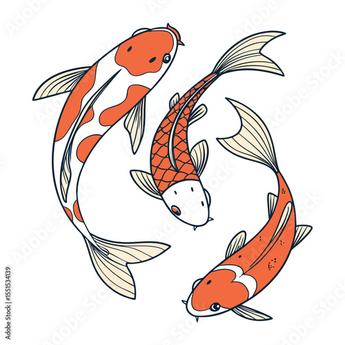 Three stylized orange and white koi fish swim in a flowing pattern against a clean white background rendered in a charming illustration style