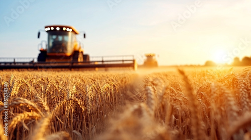 Agricultural machinery harvesting wheat