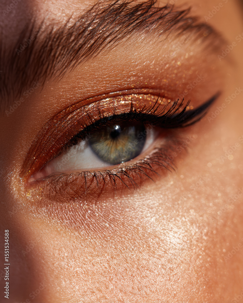Obraz premium Close up shot of eye featuring warm, shimmering eyeshadow with defined winged eyeliner. skin has radiant glow, enhancing overall beauty and elegance of makeup look