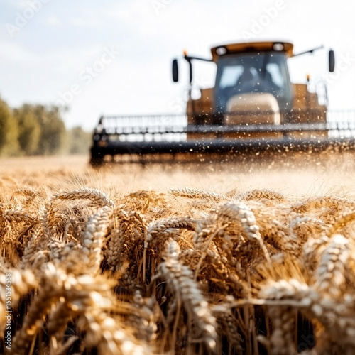 Agricultural machinery harvesting wheat