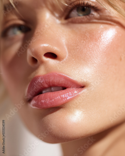 Close up of person face showcasing glossy pink lips and radiant skin under soft natural light, highlighting fresh and youthful appearance. image captures sense of beauty and elegance
