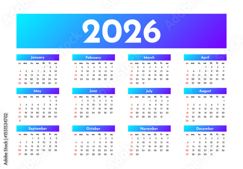 Calendar for 2026 isolated on a white background