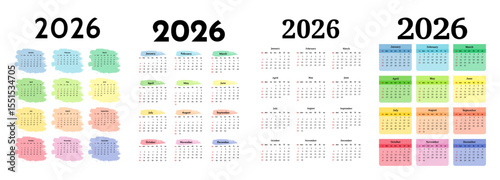 Set of calendars for 2026 isolated on a white background