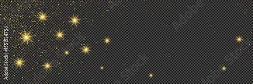 Gold glittering dust with stars on transparent backdrop