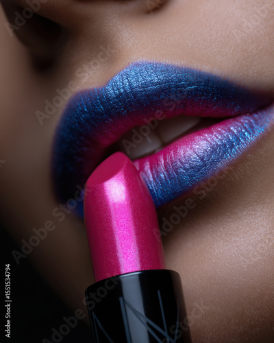 Bright neon pink lipstick with stunning gradient effect on lips, showcasing blend of vibrant blue and pink hues. close up highlights glossy finish and texture, creating eye catching look